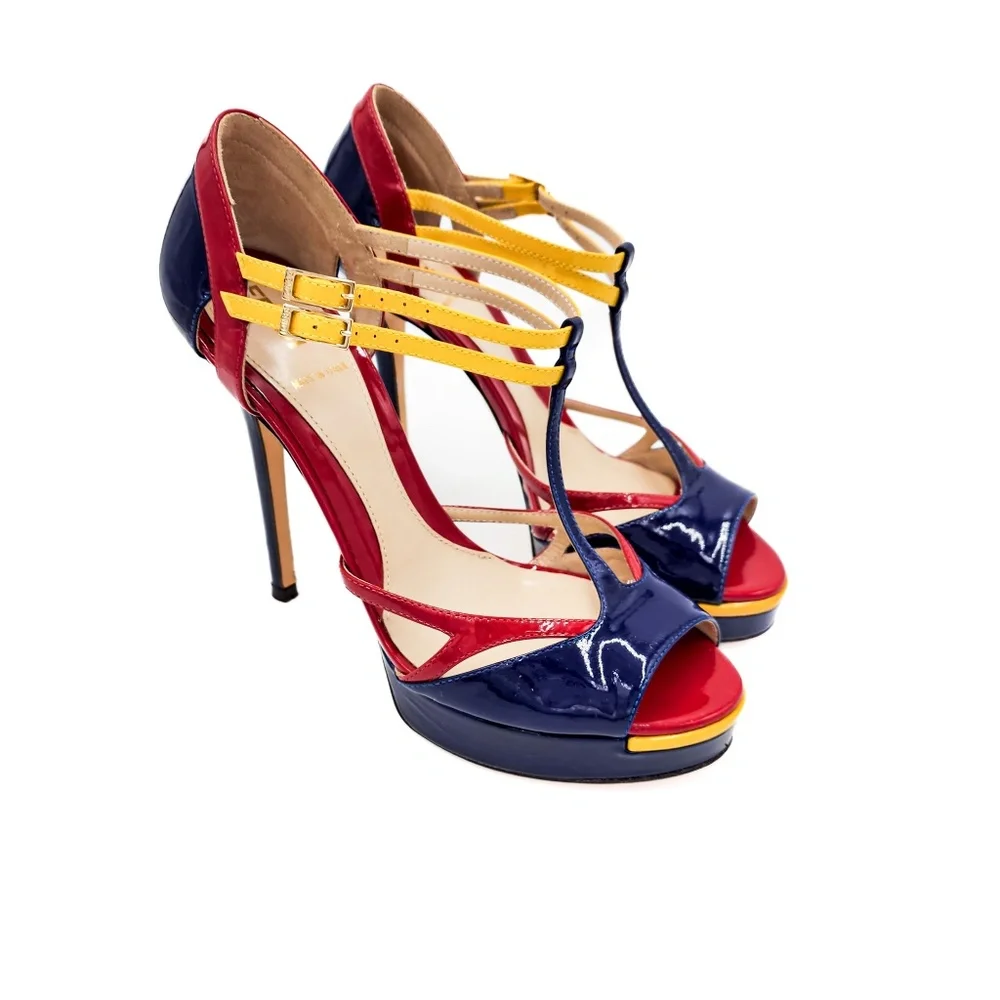 FENDI Navy Red Patent Leather T-Strap Platform Heels EU 36.5 - Picture 2 of 10